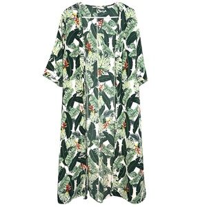 Rachel Zoe Palm Leaf Duster Beach Coverup Tassel Tie Half Sleeves Maxi Length